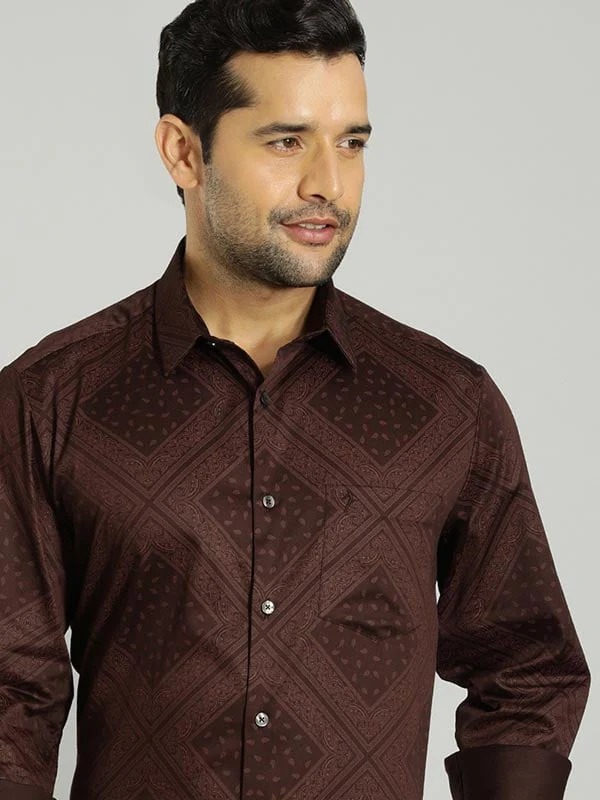 Indian Terrain Men's Slim Fit Full Sleeve All Over Print Brown Shirt